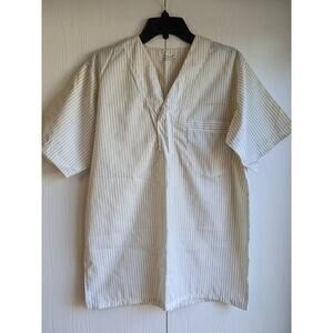 VTG Reis Women's White Short Sleeve Striped V-neck Collarless Shirt Top Size L